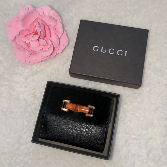Gucci Black Leather Suede Bi Fold Wallet Bamboo Horsebit Authentic W/ Box + Tote - Picture 3 of 5